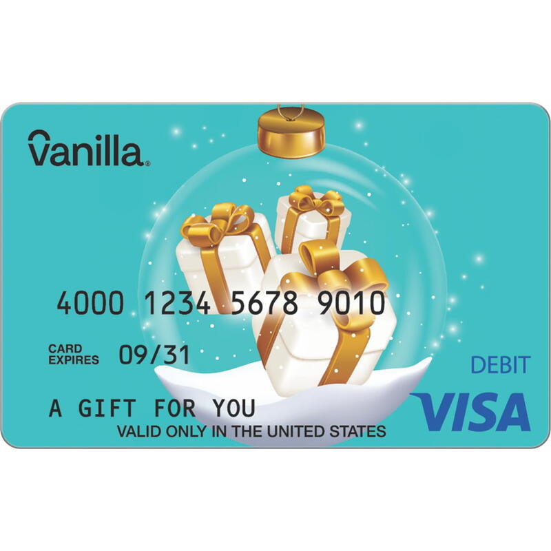 Festive holiday-themed Vanilla® Visa® Gift Card with Christmas colors and designs